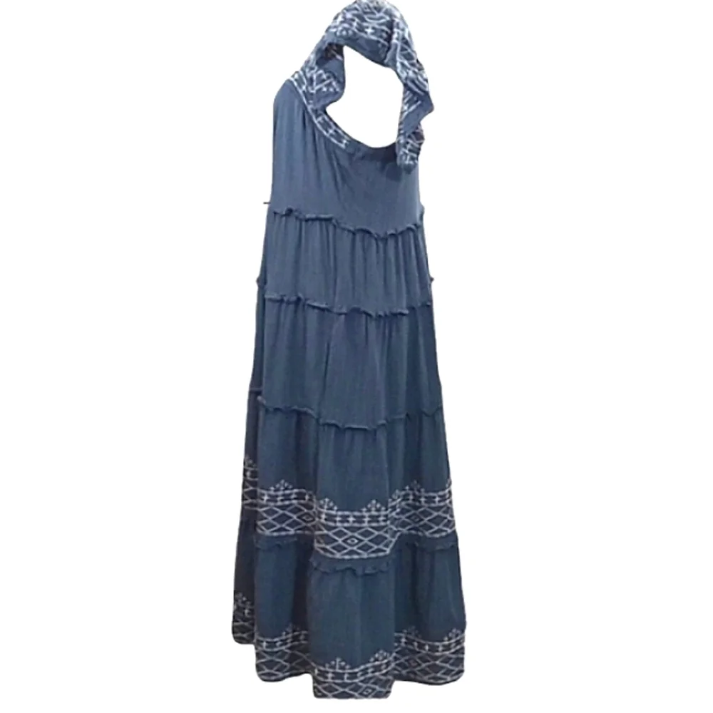 Knox Rose Blue Embroidered Tiered Midi Dress Flutter Sleeves & Pockets Small